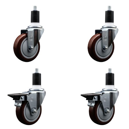 Service Caster 4'' Maroon Poly Wheel Swivel 1-1/2'' Expanding Stem Caster Set 2 Brakes, 4PK SCC-EX20S414-PPUB-MRN-2-PLB-2-112